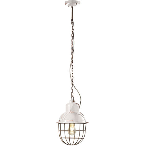 Lampadario Industrial Ferro E Ceramica Con Rete Vintage Bianco 1 Luce E27 26Cm