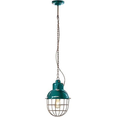 Lampadario Industrial Ferro E Ceramica Con Rete Vintage Verde 1 Luce E27 26Cm
