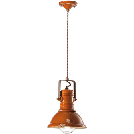 Lampadario Industrial Ferro E Ceramica Vintage Arancio 1 Luce E27 23Cm