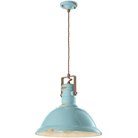 Lampadario Industrial Ferro E Ceramica Vintage Azzurro 1 Luce E27 40Cm