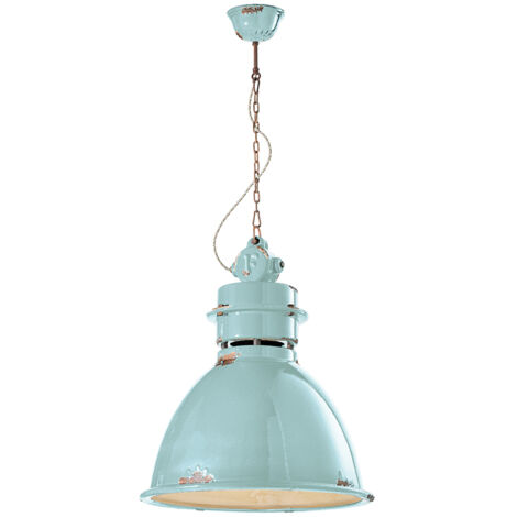 Lampadario Industrial Ferro E Ceramica Vintage Azzurro 1 Luce E27 50Cm