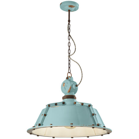 Lampadario Industrial Ferro E Ceramica Vintage Azzurro 1 Luce E27 52Cm