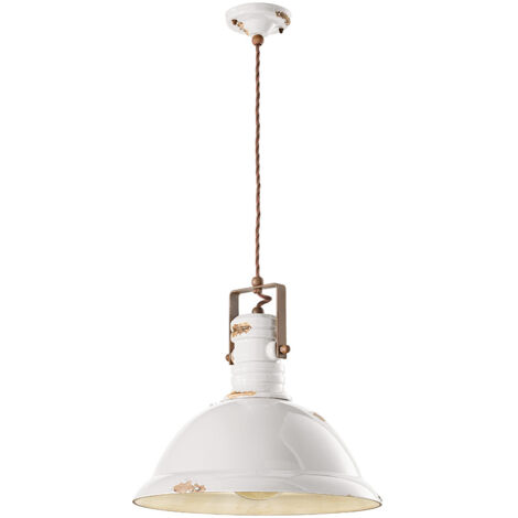 Lampadario Industrial Ferro E Ceramica Vintage Bianco 1 Luce E27 40Cm