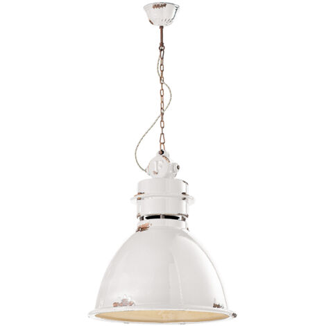 Lampadario Industrial Ferro E Ceramica Vintage Bianco 1 Luce E27 50Cm