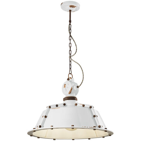 Lampadario Industrial Ferro E Ceramica Vintage Bianco 1 Luce E27 52Cm