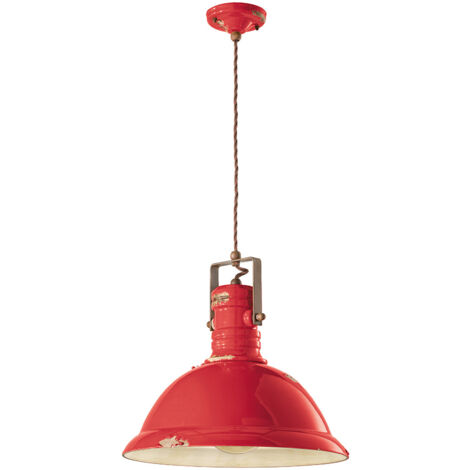 Lampadario Industrial Ferro E Ceramica Vintage Rosso 1 Luce E27 40Cm