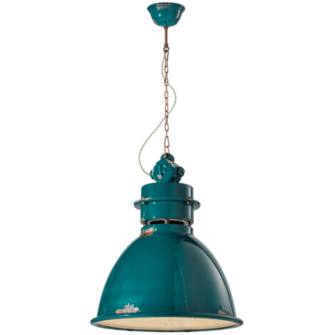 Lampadario Industrial Ferro E Ceramica Vintage Verde 1 Luce E27 50Cm