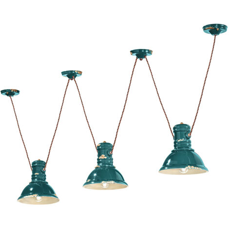 Lampadario Industrial Ferro E Ceramica Vintage Verde 3 Luci E27