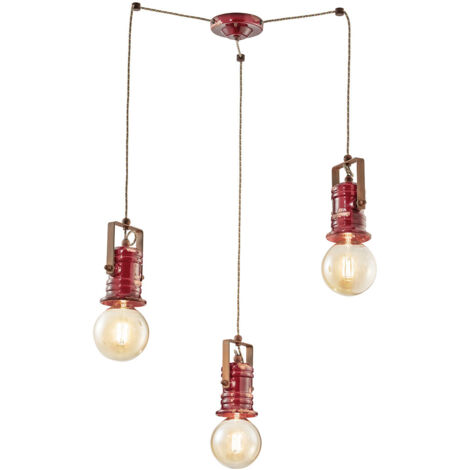 Lampadario Industrial Minimal Urban Ferro Ceramica Vintage Bordeaux 3 Luci E27