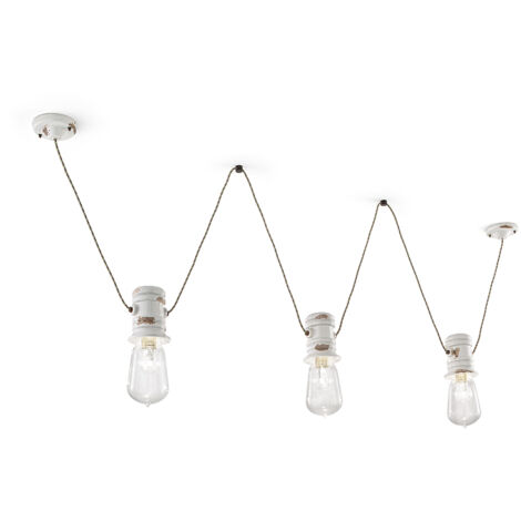 Lampadario Industrial Minimal Urban Ferro E Ceramica Vintage Bianco 3 Luci E27