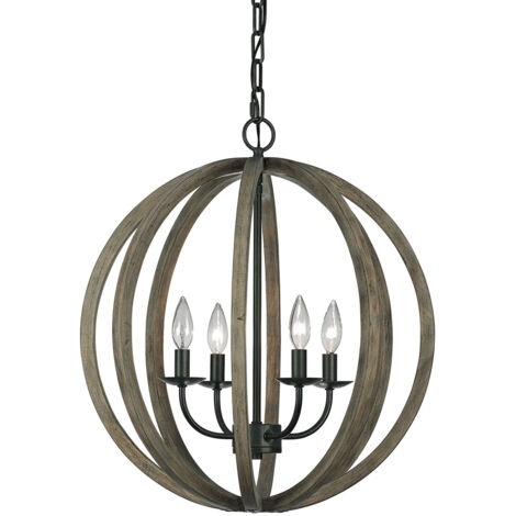 Lampadario Industrial Nordico Allier Legno Rovere Ferro Grigio 4 Luci E14