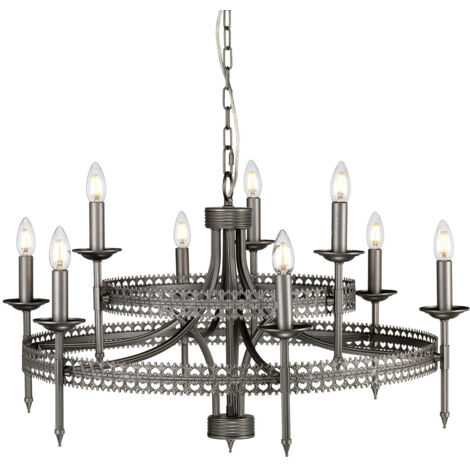 Lampadario Industrial Nordico Crown Acciaio Ferro Cancello 9 Luci E14