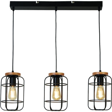Lampadario Industrial-Nordico Visione Acciaio Nero Marrone 3 Luci E27