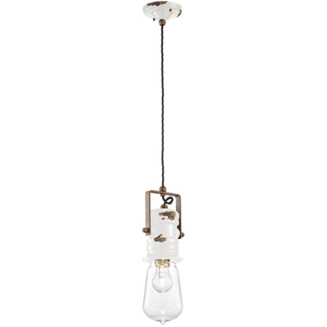 Lampadario Industrial Urban Ferro Ceramica Vintage Bianco 1 Luce E27 37Cm