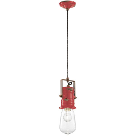 Lampadario Industrial Urban Ferro E Ceramica Vintage Rosso 1 Luce E27 37Cm