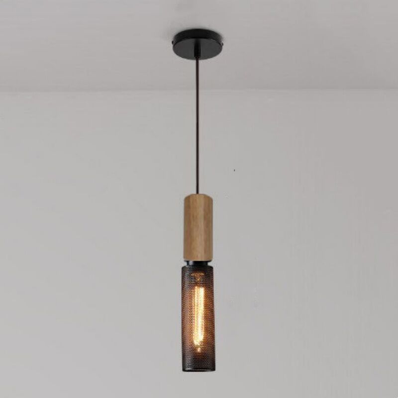 Image of Wottes - Lampada a Sospensione Industriale Retrò Lampadario da Soffitto Metallo Legno Plafoniera Interna Ø6,5CM