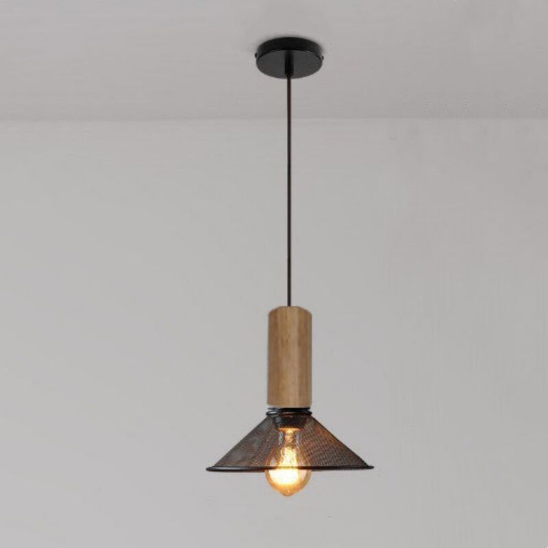 Image of Wottes - Lampada a Sospensione Industriale Retrò Lampadario da Soffitto Metallo Legno Plafoniera Interna Ø21,5CM