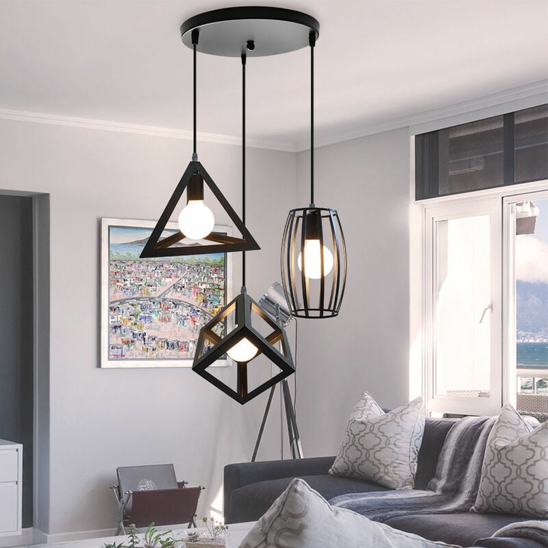 Image of Axhup - Lampada a Sospensione, 3 Luci Lampada da Soffitto con Gabbia Geometrico, Metallo Illuminazione E27 Attacco (Nero)