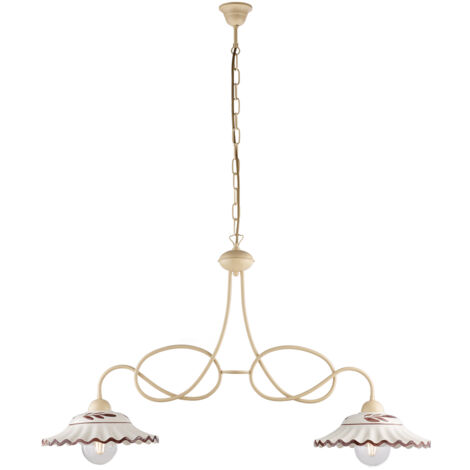 Lampadario inferro laccato avorio e decorazione effetto decapè con diffusori in ceramica diametro 30 bianco e marrone 2 luci