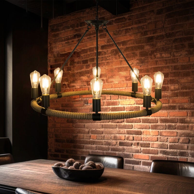 Image of Lampadario lampada a sospensione 8 fiamme lampada a sospensione rustica in corda di canapa sala da pranzo stile country, metallo marrone nero, 8x
