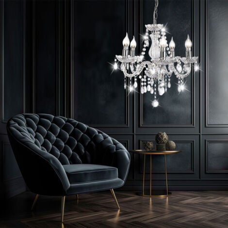 Lampadario lampada a sospensione lampada da soggiorno lampada da tavolo da pranzo Lustre 5 fiamme, metallo cromato, cristalli acrilici trasparenti, 5x E14, DxH 45 x 150 cm