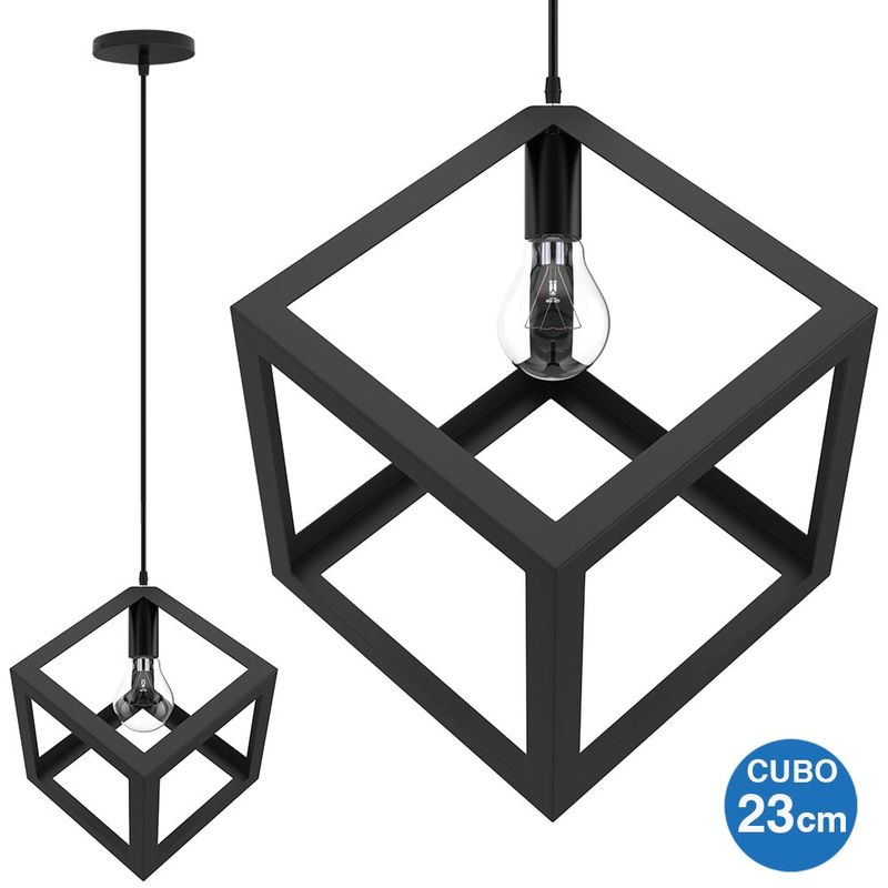 Image of Bakaji - Lampadario Lampada Sospensione Cubo 23cm Design Moderno Paralume Metallo Nero