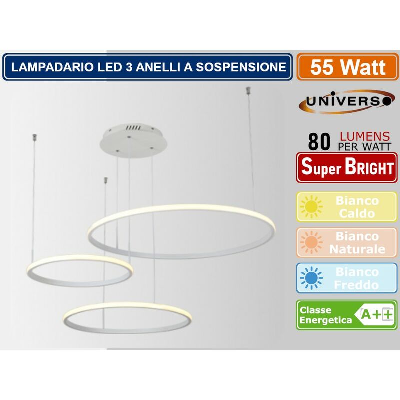 Image of Lampadario led a sospensione moderno con 3 anelli asimmetrici con finiturabianca 55W 3000K - 4000K - 6500K - Colore Luce: Bianco Freddo