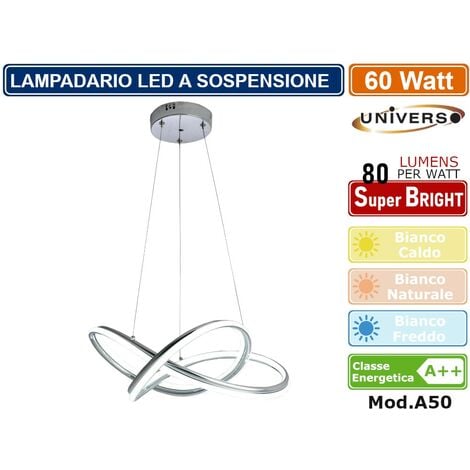 LAMPADARIO LED A SOSPENSIONE MODERNO INTRECCIATO CON FINITURA CROMATA 60W 3000K - 4000K - 6500K - Colore Luce: Bianco Naturale