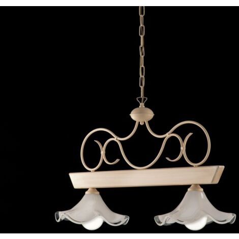 Lampadario legno e ferro laccato avorio con decorazione decape 2 luci
