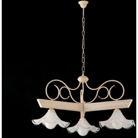 Lampadario legno e ferro laccato avorio con decorazione decape 3 luci con vetro in piastra