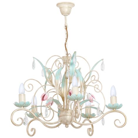 Lampadario Luce 5xE14 crema cristalli floreali Luminex