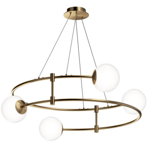 Lampadario Minimal Balance In Metallo Oro 4 Luci E Diffusori Sferici Bianchi
