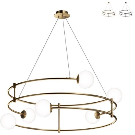 Lampadario Minimal Balance In Metallo Oro 6 Luci E Diffusori Sferici Bianchi