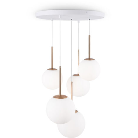 Lampadario Minimal Basic Form In Metallo Bianco E Oro 5 Luci E Diffusori Vetro