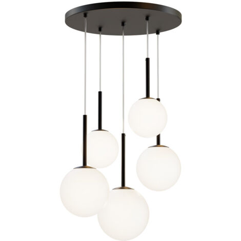 Lampadario Minimal Basic Form In Metallo Nero 5 Luci E Diffusori Bianchi