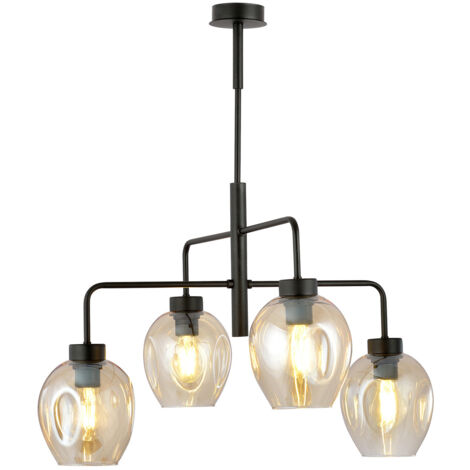 Lampadario Moderno 4 Luci Auriga In Accaio Nero E Vetro Ambra