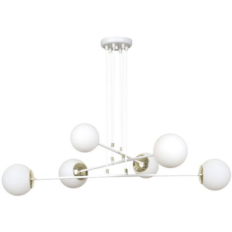 Lampadario Moderno 6 Luci Tsukuyomi In Acciaio Bianco E Oro E Vetro A Sfera Opale