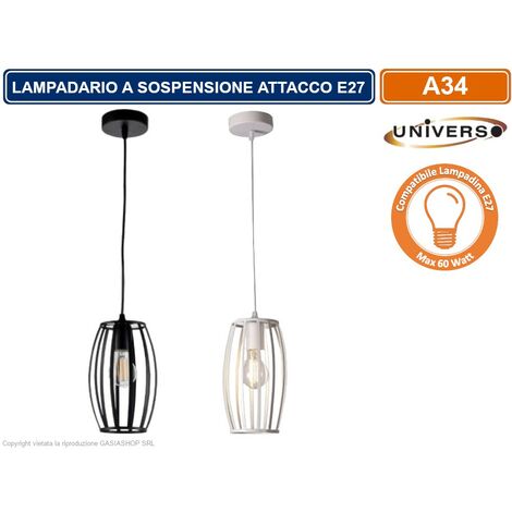 LAMPADARIO MODERNO A SOSPENSIONE CON PARALUME IN METALLO TRAFORATO OVALE ATTACCO E27 BIANCO NERO