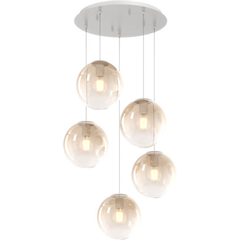 Lampadario Moderno Big Eclipse Metallo Bianco Vetro Ambra 5 Luci E27