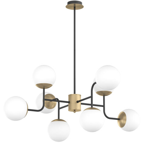 Lampadario Moderno Clear Metallo Nero E Ottone Vetro Bianco 8 Luci E27
