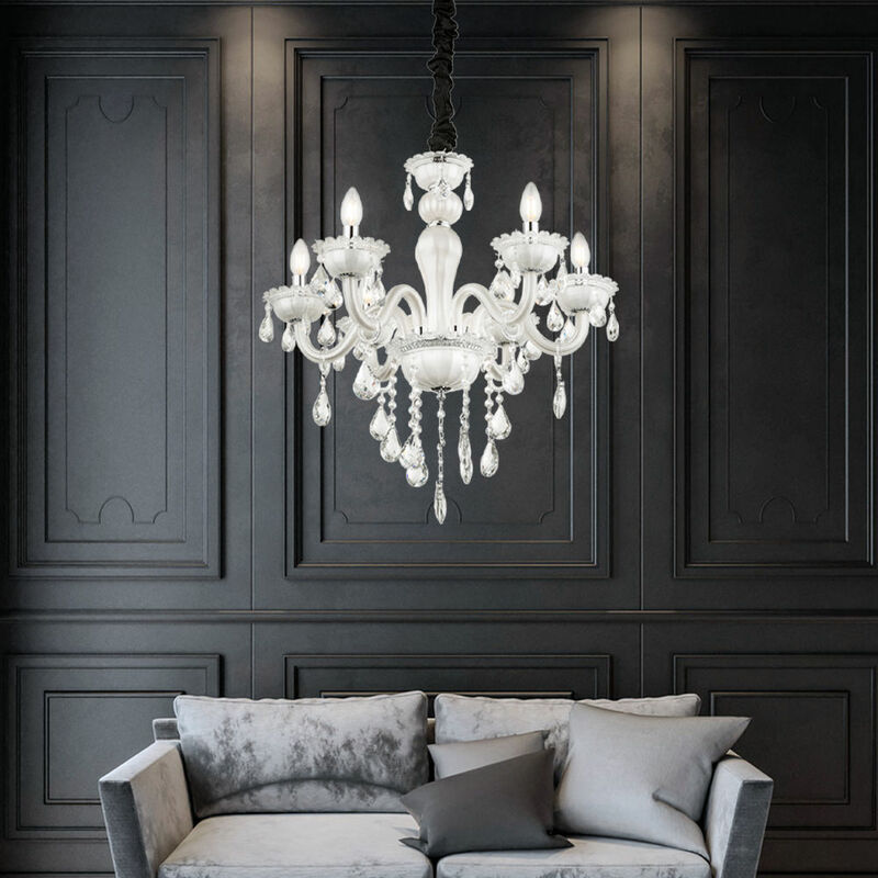 Image of Lampadario lampadario lampada a sospensione cristalli lampadario soggiorno bianco, 6 luci decoro cristallo, vetro trasparente, metallo bianco, 6