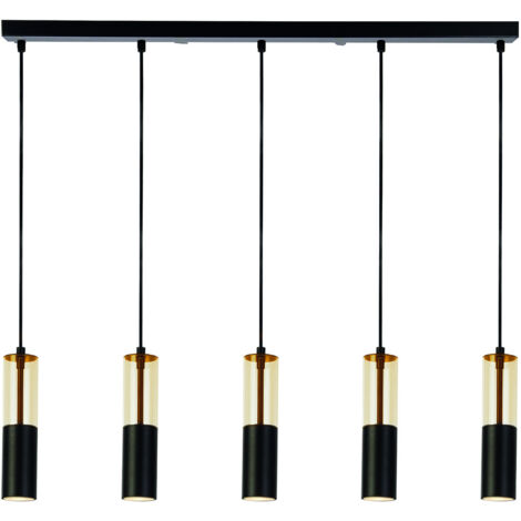 Lampadario Moderno Merrygold Acciaio Nero Ambra 5 Luci Gu10