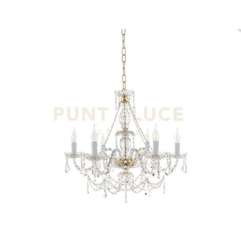 LAMPADARIO OPERA 6 LUCI TRASPARENTE E ORO ATTACCO E14 VETRO E CRISTALLO D.72cm