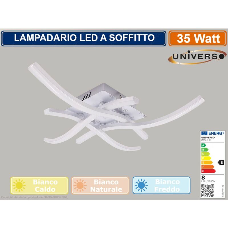 Image of Universo - lampadario plafoniera led moderno attacco a soffitto 35 watt bianco con 4 bracci ondulati - Colore Luce: Bianco Caldo