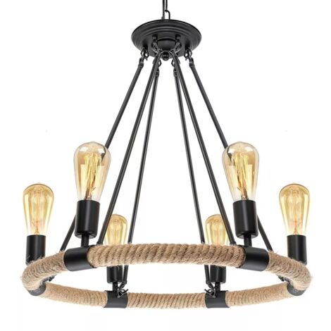 Lampadario Rotondo Rustico In Canapa E Metallo Portalampada E27 Industriale A20