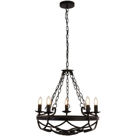 Lampadario Rustico-Country Cartwheel Iii Acciaio Nero 5 Luci E14