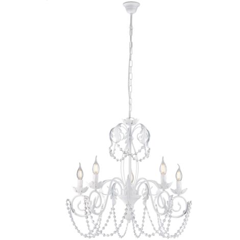 Lampadario Shabby 5 Luci Ferro Battuto Bianco e Cristalli Serie Damasco - Bianco Shabby