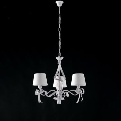 Lampadario Shabby Chic Lucy Bianco 3 Luci Paralumi Bianchi