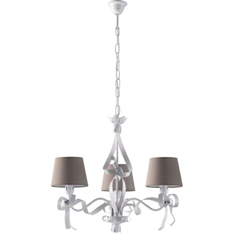 Lampadario Shabby Chic Lucy Bianco 3 Luci Paralumi Tortora