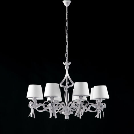 Lampadario Shabby Chic Lucy Bianco 8 Luci Paralumi Bianchi